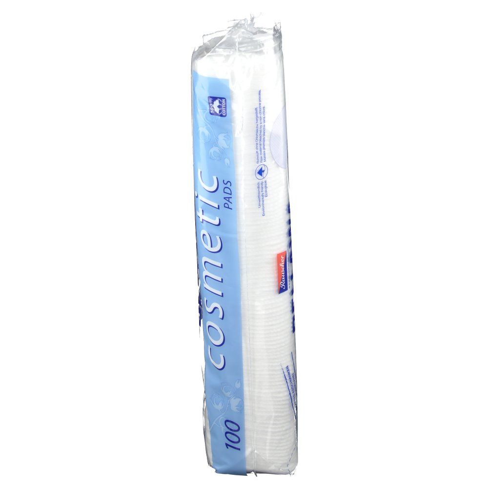 BELLAWA Cosmetic Pads in transparante verpakking. Zijaanzicht. Blauw en witte verpakking met productnaam en 100 pads.