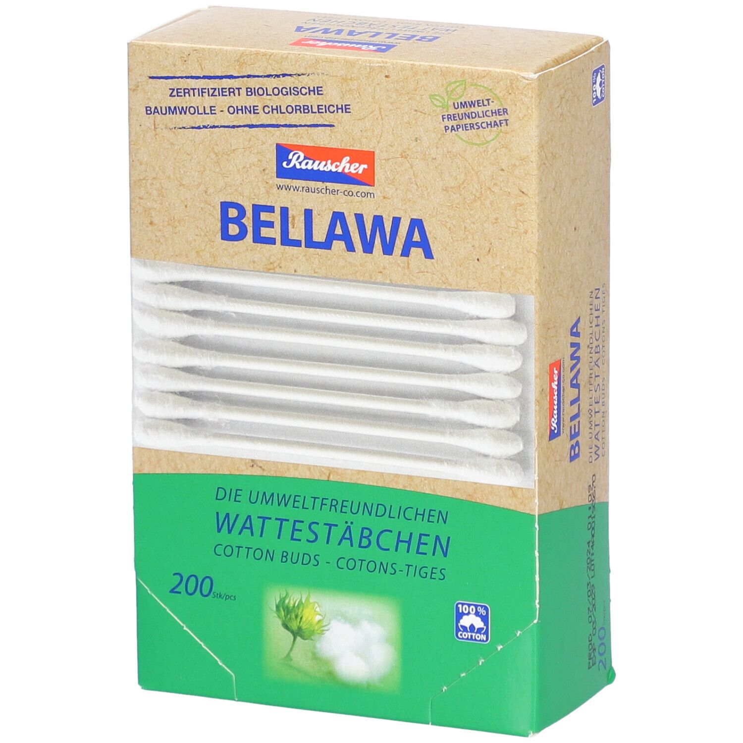 Doosje wattestaafjes BELLAWA. 200 stuks. Milieuvriendelijke papieren verpakking.