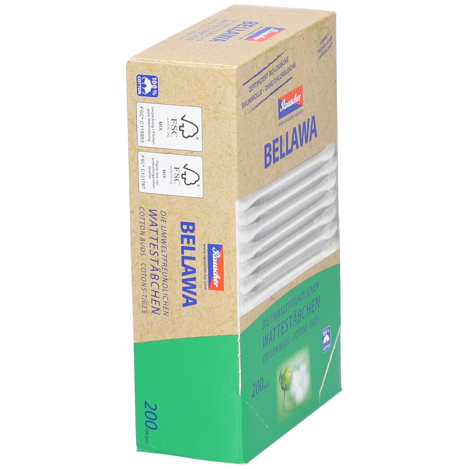Doosje wattestaafjes BELLAWA. FSC-gecertificeerd papier. 200 stuks.