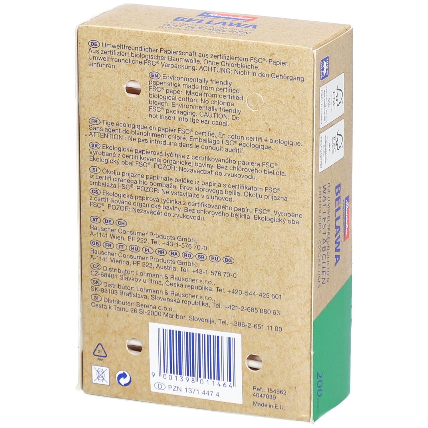 Achterkant van de verpakking met tekst. FSC-certificering. Merk BELLAWA. 200 stuks.