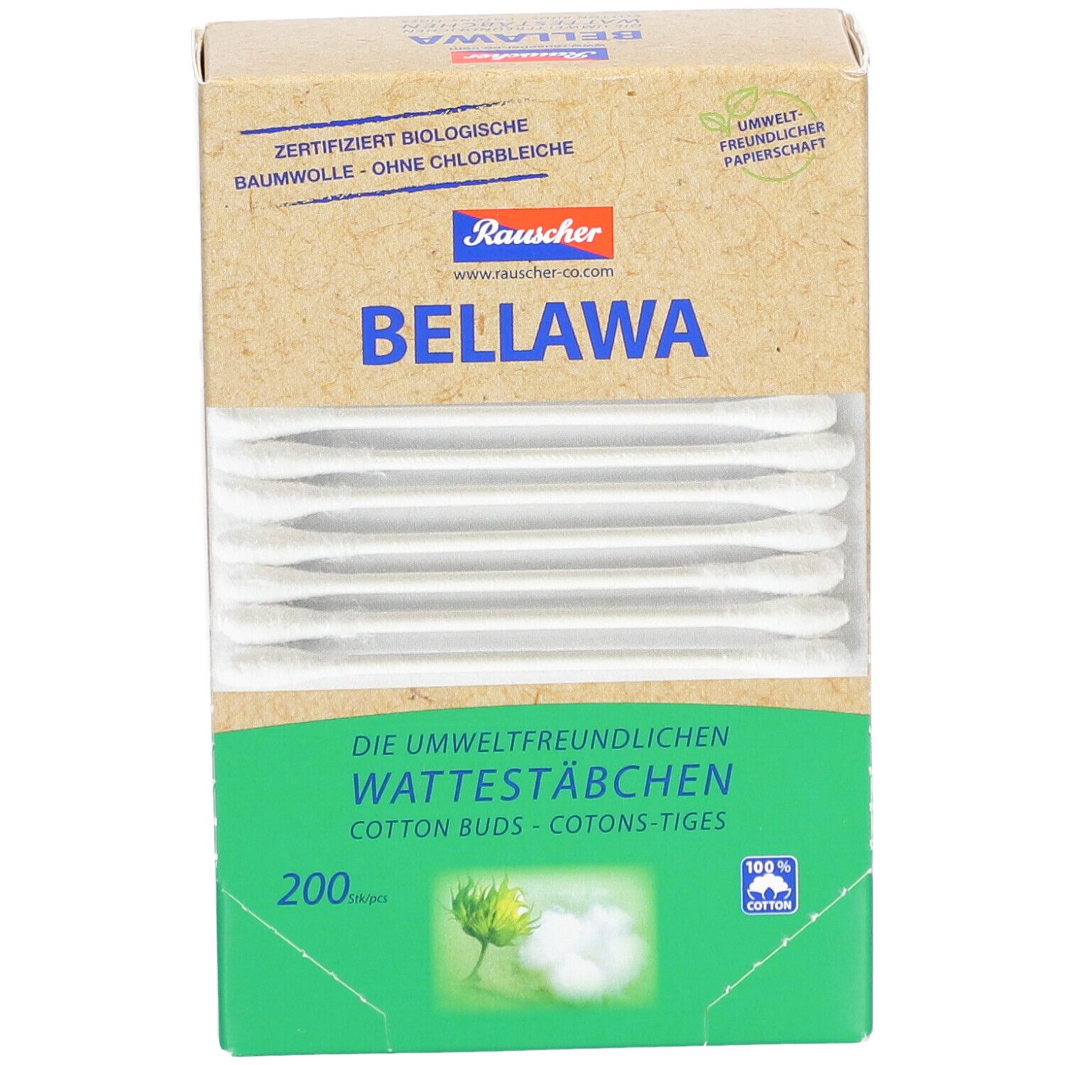 Doosje wattestaafjes BELLAWA. 200 stuks. Milieuvriendelijke papieren verpakking.