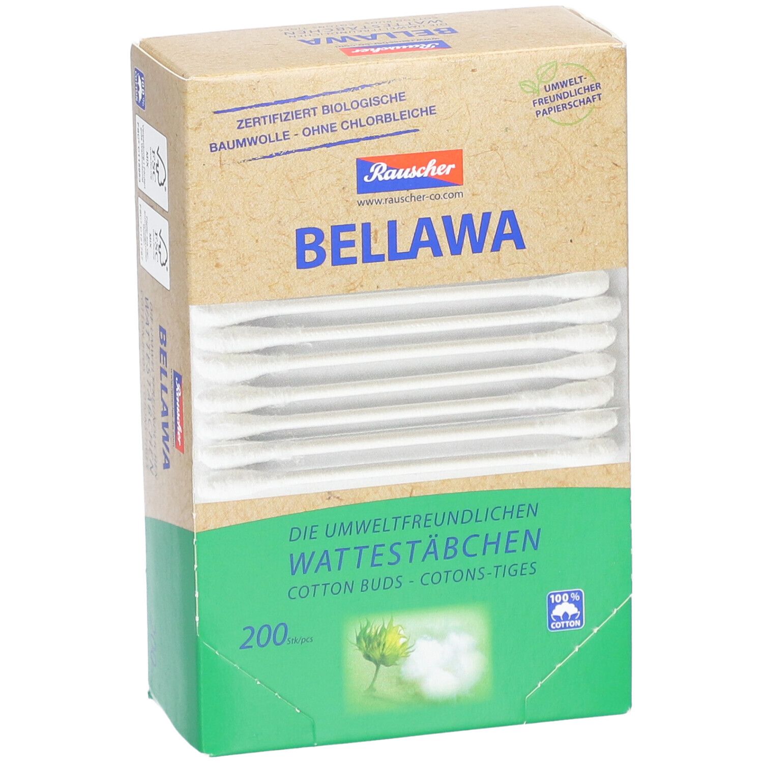 Doosje wattestaafjes BELLAWA. 200 stuks. Milieuvriendelijke papieren verpakking.