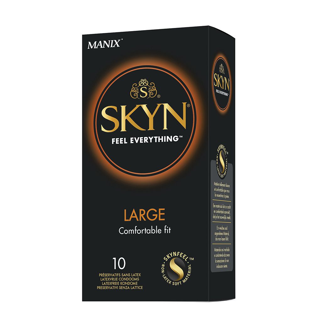 Zwarte doos condooms. Opschrift: SKYN, LARGE, 10 stuks. Latexvrije condooms.