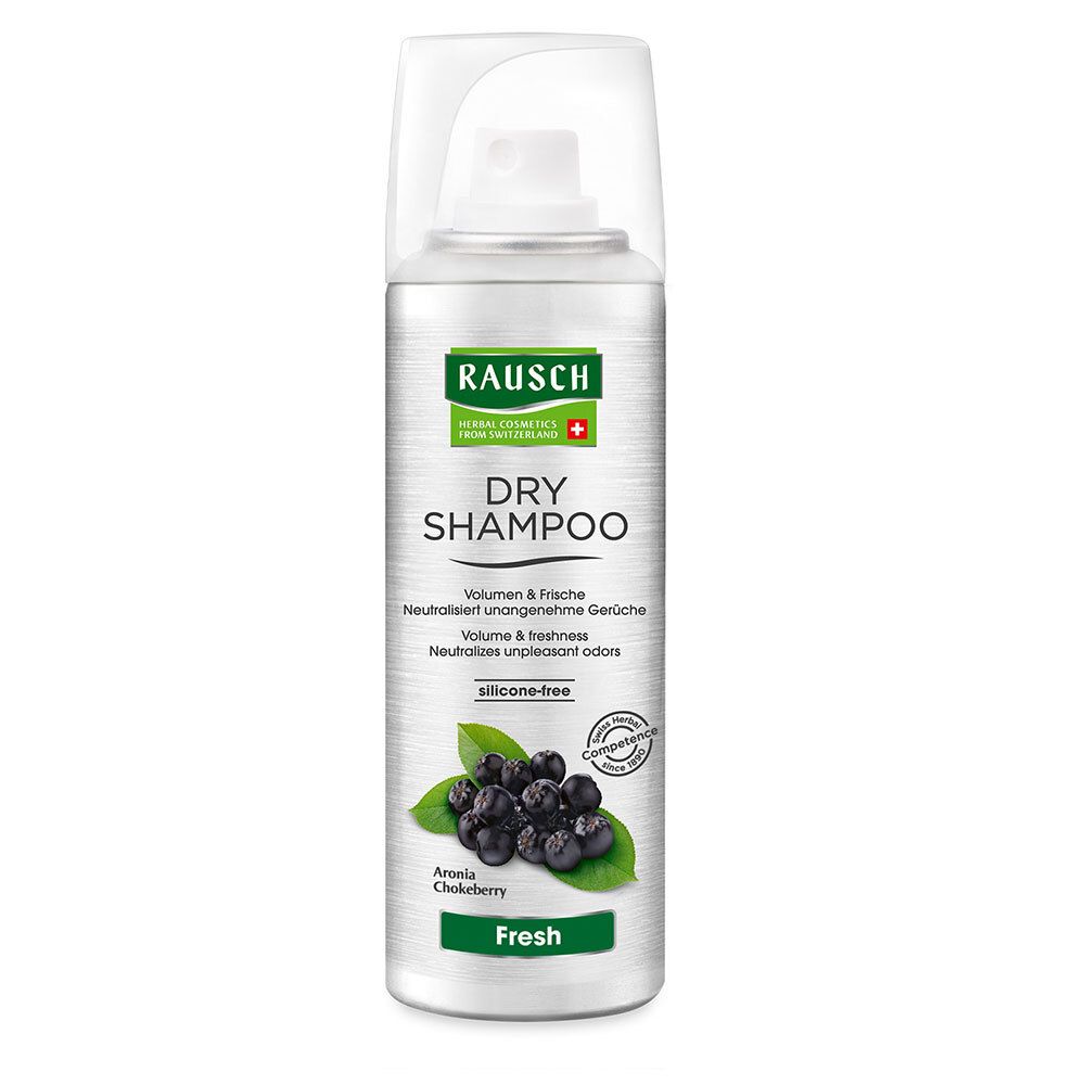 Droogshampoo sprayfles. Zilveren bus met witte sproeikop. Tekst: DRY SHAMPOO, Volume & frisheid, silicone-free, Aronia Chokeberry, Fresh.