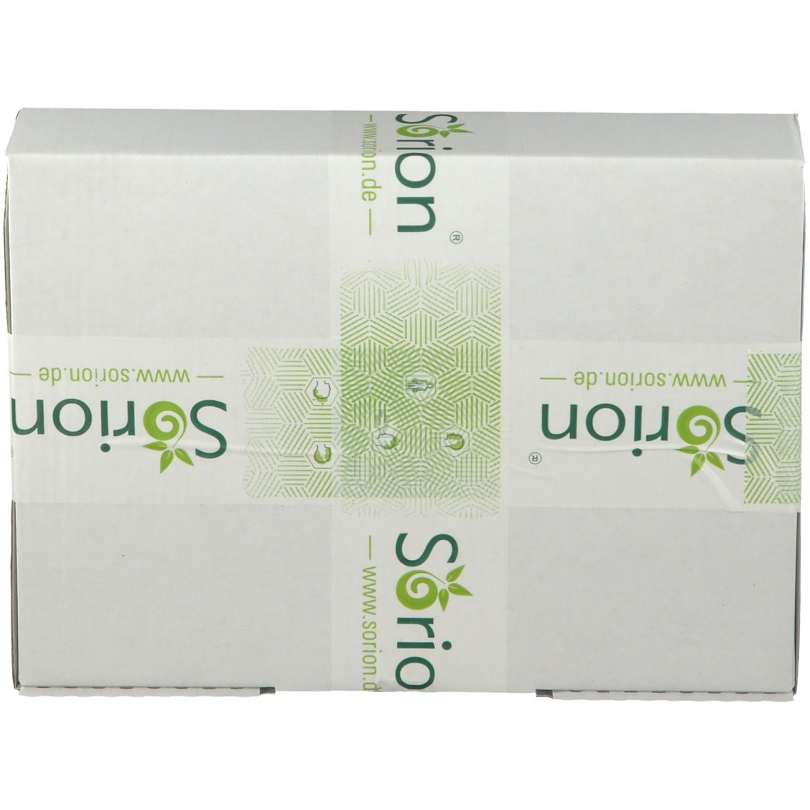 Boîte blanche avec logo vert et texte Sorion. Autocollant avec logo et adresse du site web.
