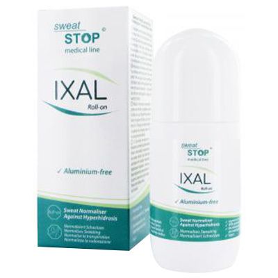 Witte roll-on met verpakking. Opschrift: IXAL, aluminiumvrij. Verpakking: Sweatstop Medical Line.