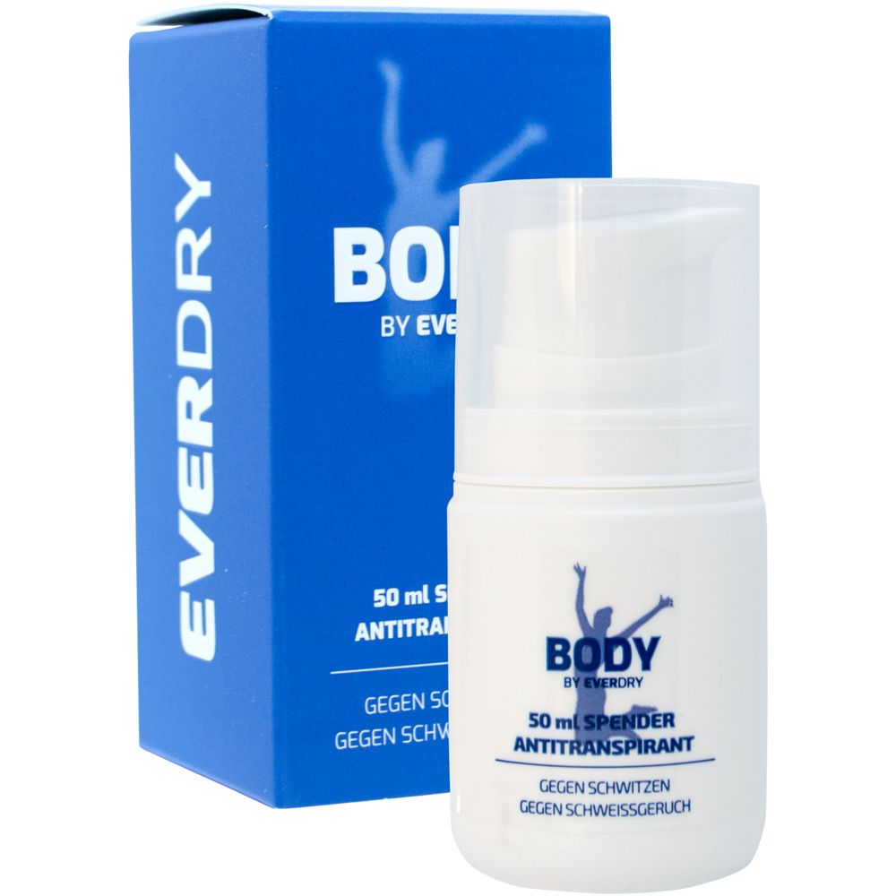 Witte dispenser met blauwe opdruk. Blauwe verpakking met opschrift EVERDRY. Opschrift: BODY by Everdry, antitranspirant.