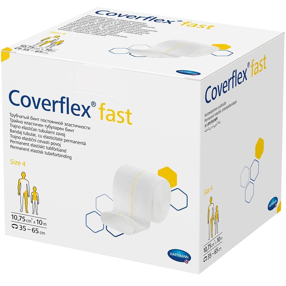 Emballage de Coverflex® fast, taille 4, blanc. Montre un rouleau de bandage et des indications de taille.