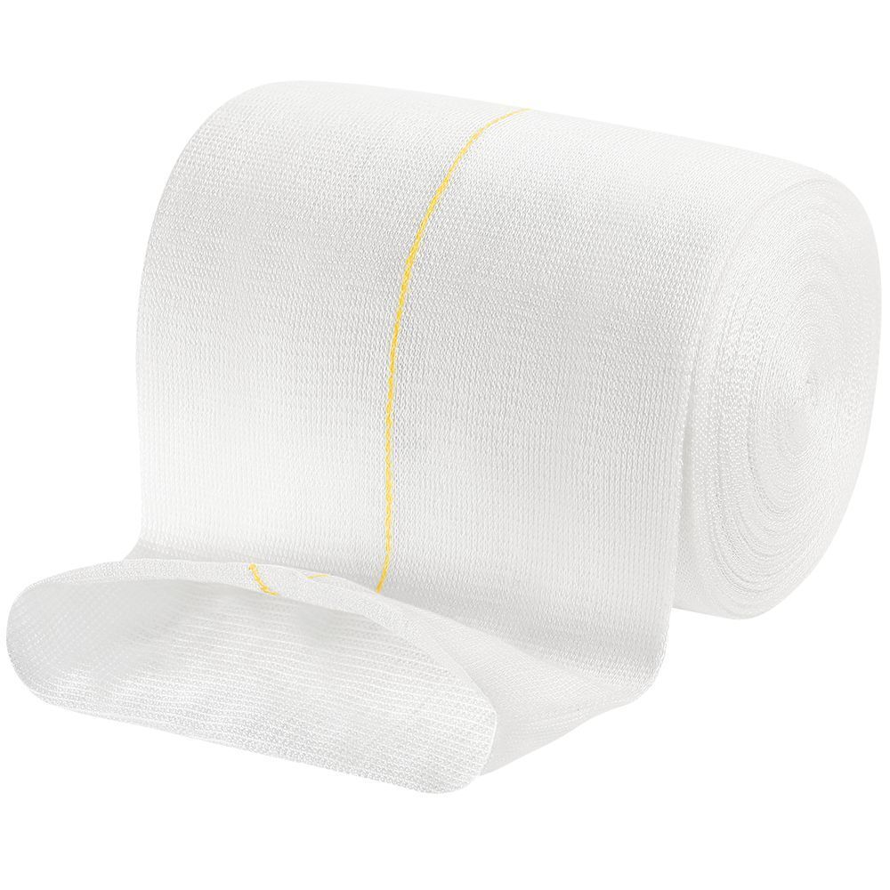 Un rouleau de bandage tubulaire élastique blanc avec des marquages jaunes.