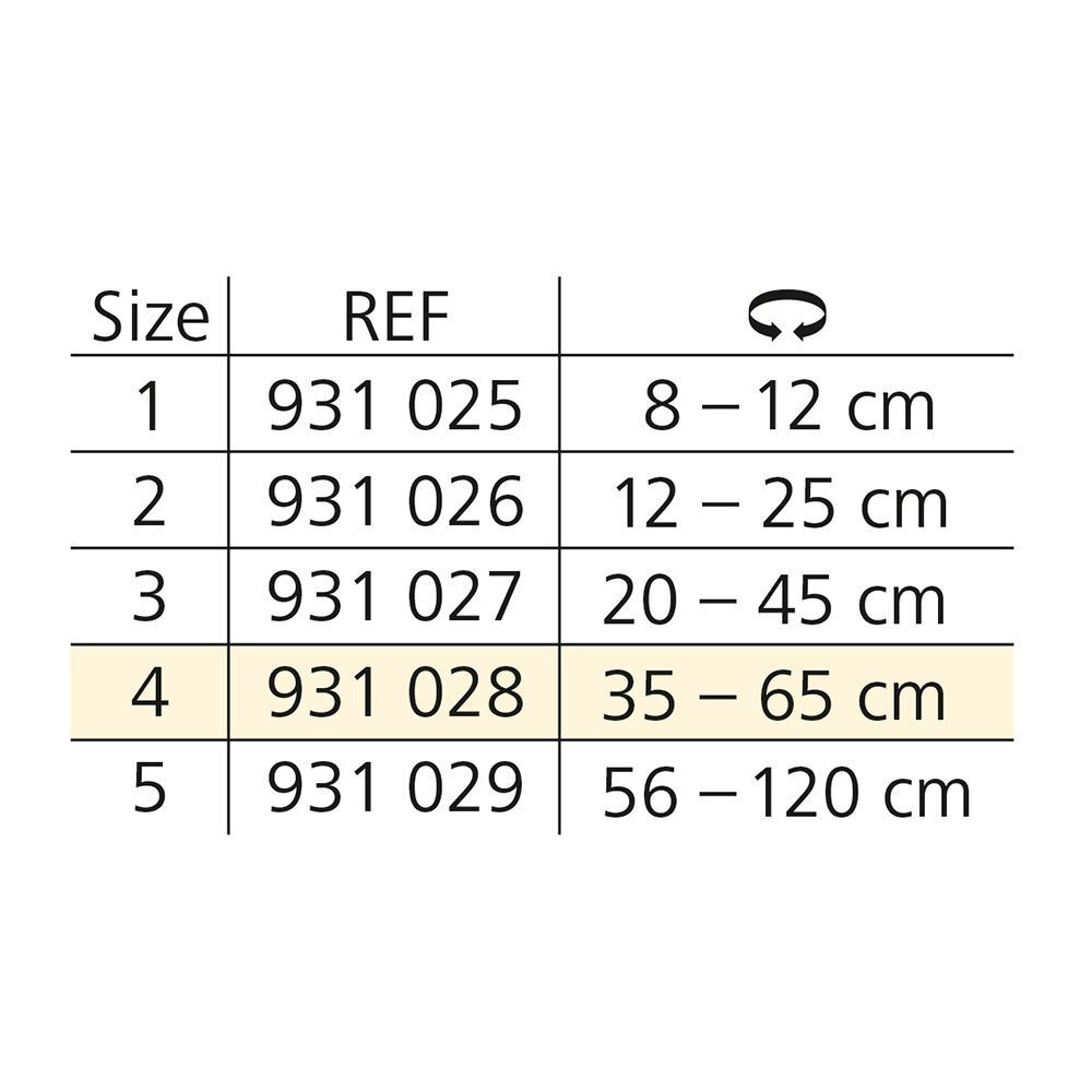 Tableau des tailles pour bandages tubulaires élastiques : Taille 4 (35-65 cm).