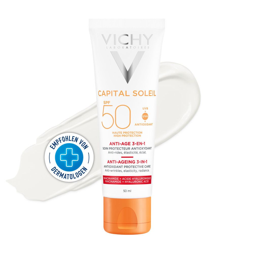 Witte tube met VICHY CAPITAL SOLEIL SPF 50. Opschrift: Anti-Age 3-in-1. Aanbevolen door dermatologen.