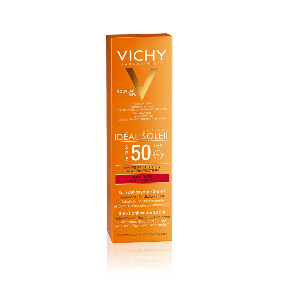 Verpakking VICHY IDÉAL SOLEIL SPF 50. Tekst: Anti-Age 3-in-1.