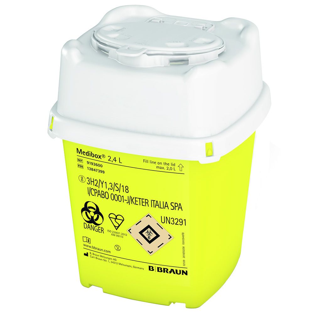 Gele afvalcontainer met wit deksel. Opschrift Medibox 2,4 L. Gevarensymbolen en B. Braun logo.