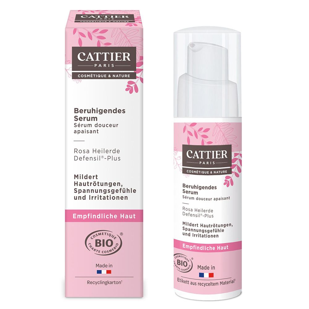 Flacon et emballage roses avec informations produit et logo. Certification bio.