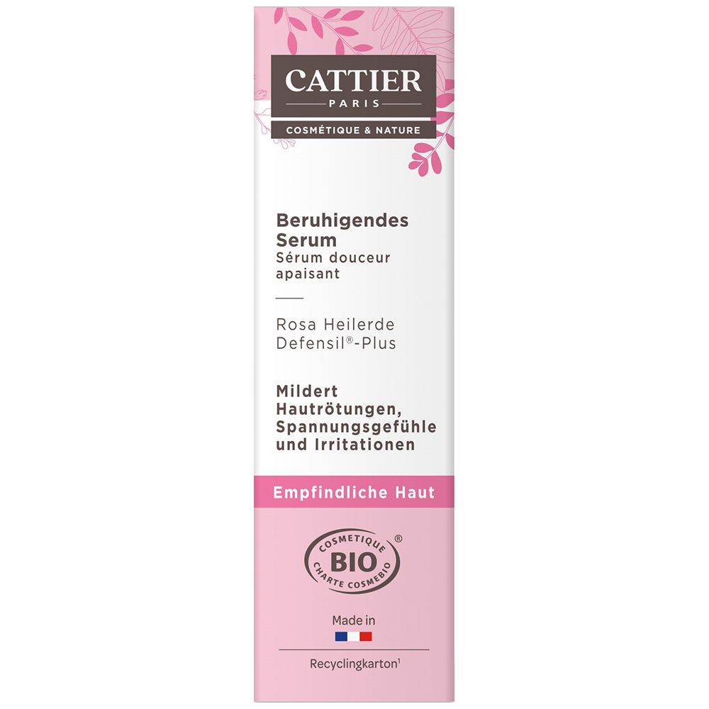 Emballage rose étroit avec informations produit et logo. Certification bio.