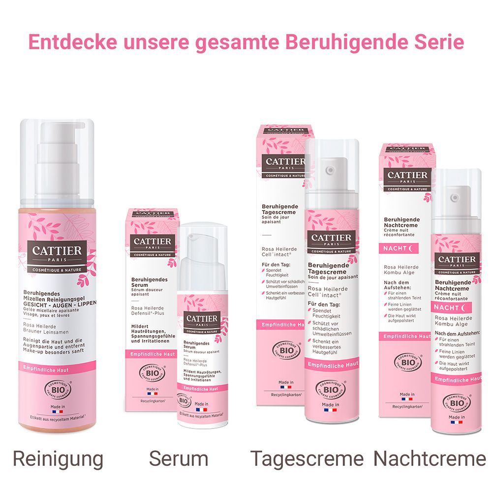 Divers produits roses avec logo et texte. Certification bio. Gamme : Nettoyant, Sérum, Crème de jour, Crème de nuit.