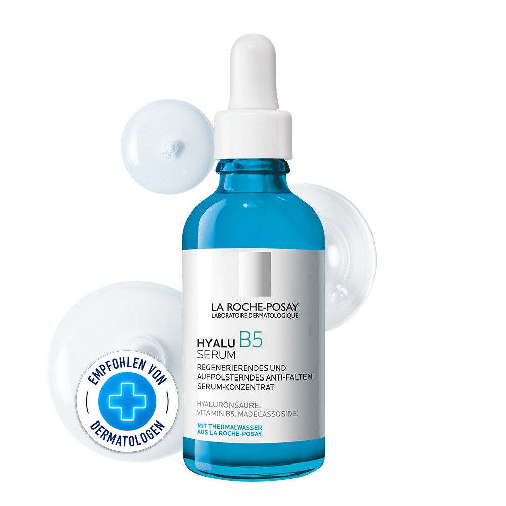 Blauw serumflesje met pipet. Opschrift: La Roche-Posay Hyalu B5 Serum. Aanbevolen door dermatologen.