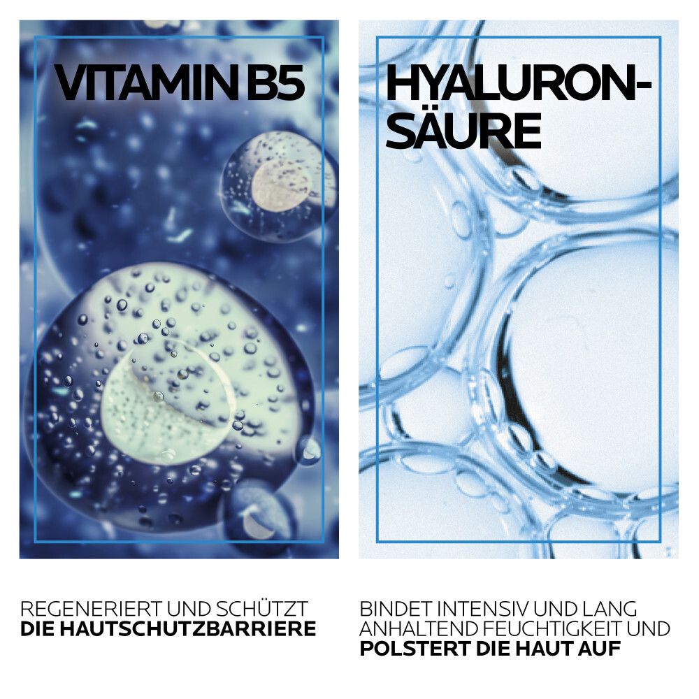 Twee afbeeldingen. Links: Vitamine B5. Rechts: Hyaluronzuur. Tekst: Herstelt, beschermt de huidbarrière.