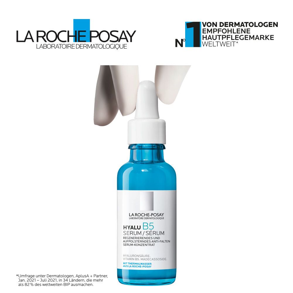 Serumflesje met pipet. La Roche-Posay logo. Tekst: Nr. 1 aanbevolen huidverzorgingsmerk wereldwijd.