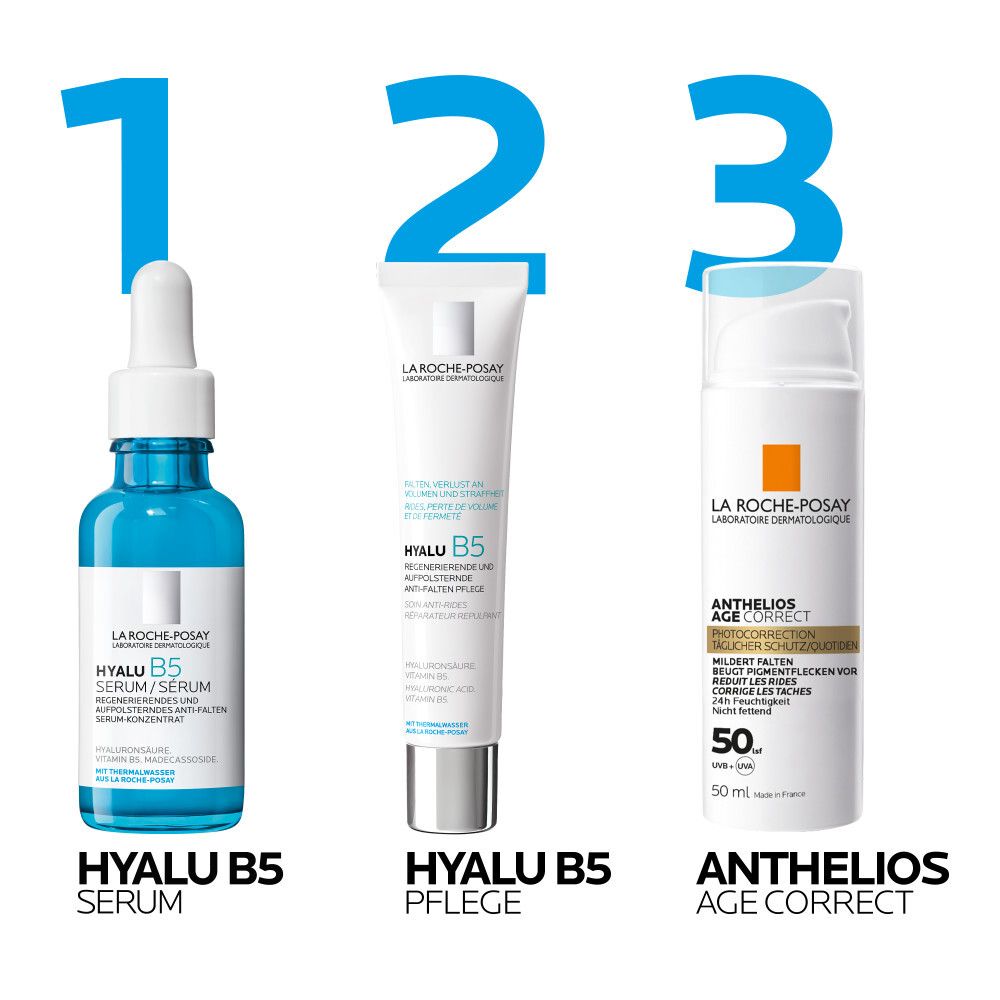 Drie producten naast elkaar: Hyalu B5 Serum, Hyalu B5 Pflege, Anthelios Age Correct. Genummerd van 1 tot 3.