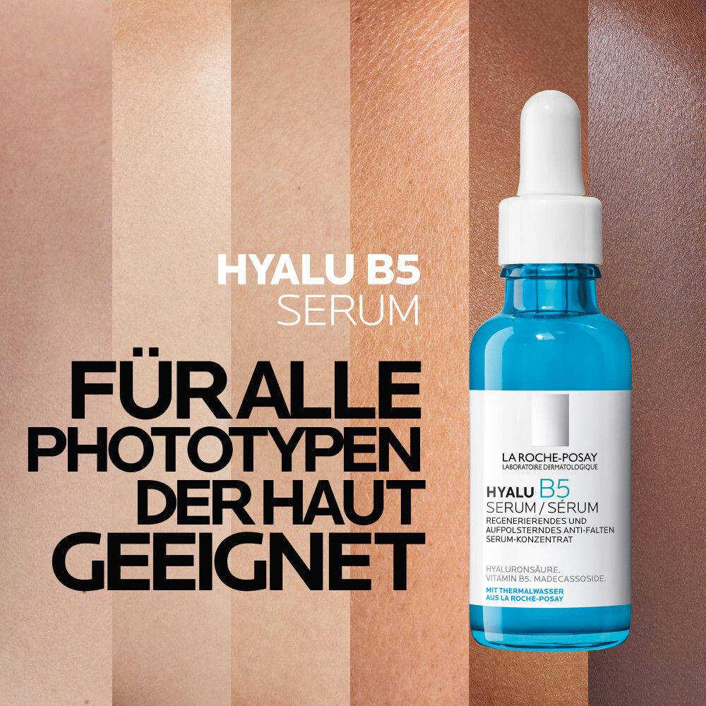 Serumflesje voor verschillende huidtinten. Tekst: Geschikt voor alle huidtypes. Hyalu B5 Serum.