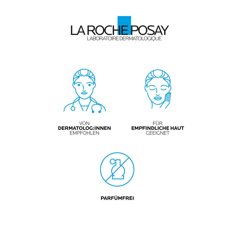La Roche-Posay logo. Tekst: Aanbevolen door dermatologen. Geschikt voor de gevoelige huid. Parfumvrij.