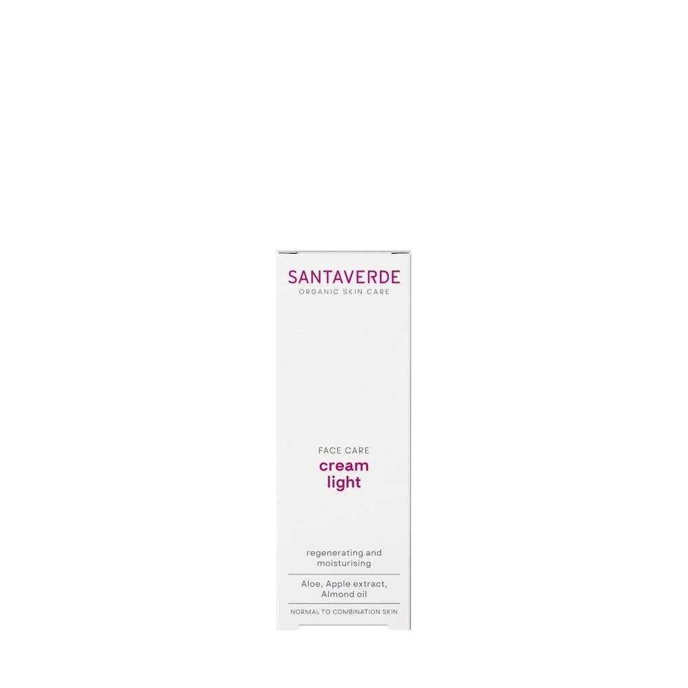 Witte verpakking "cream light". SANTAVERDE-logo. Tekst: FACE CARE, regenererend en hydraterend. Voor normale huid.