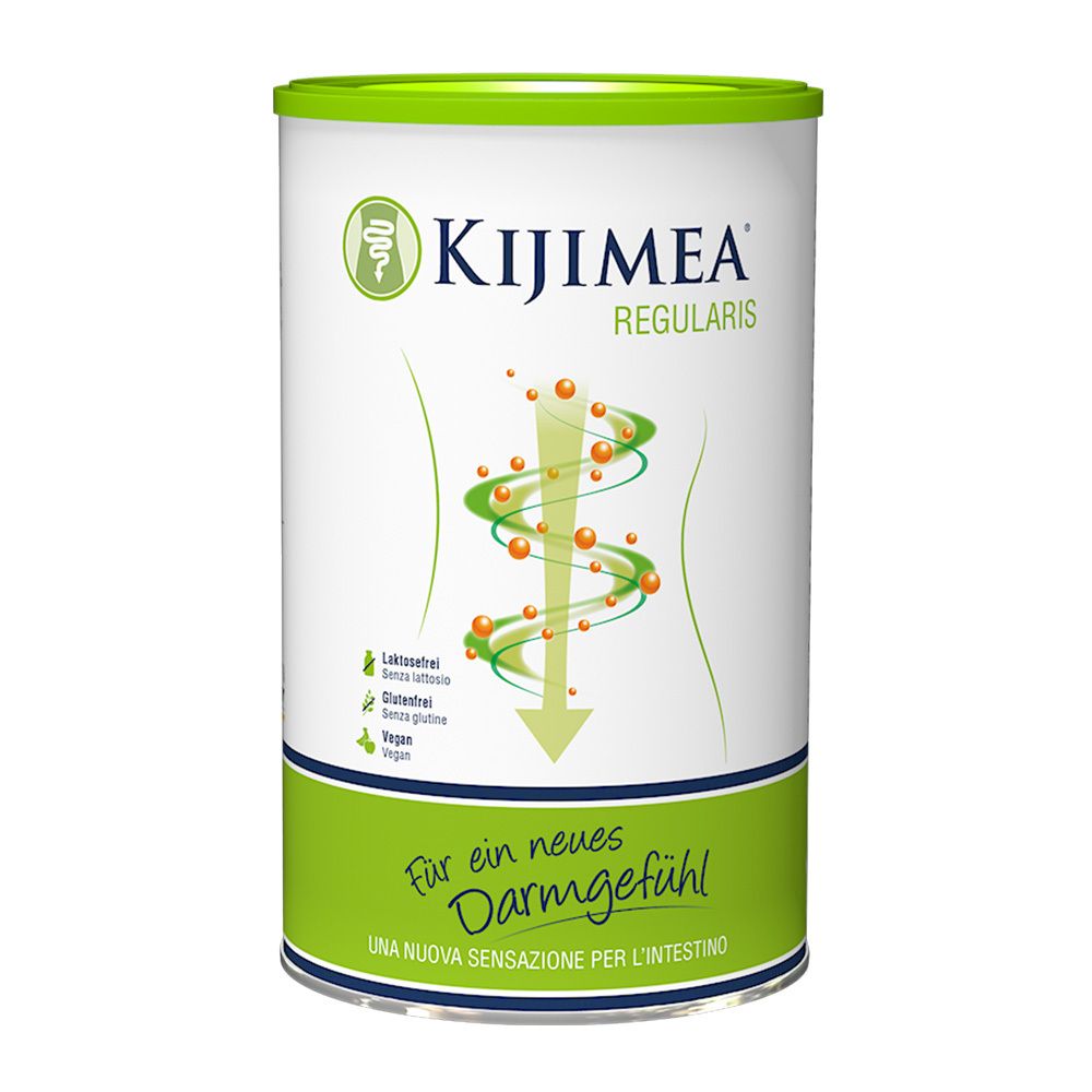 Boîte Kijimea® Regularis avec couvercle vert, vue de face. Montre un graphique intestinal et le logo du produit.