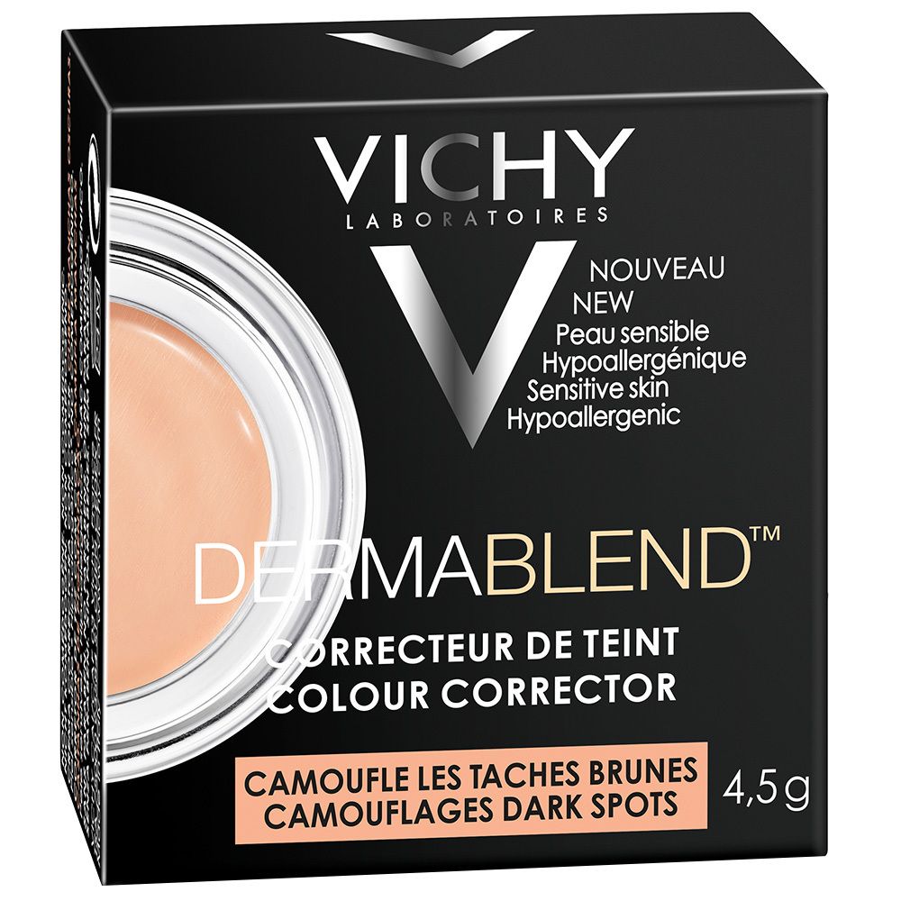 Vichy Dermablend Correcteur de teint Apricot in verpakking. Zwarte doos met productinformatie en productafbeelding.