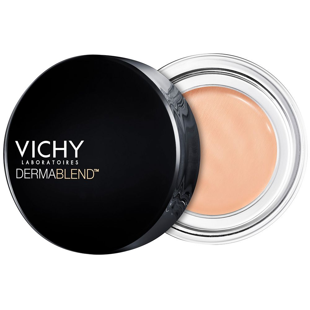 Vichy Dermablend Correcteur de teint Apricot, open pot. Zwart deksel, transparante pot met abrikooskleurig product.
