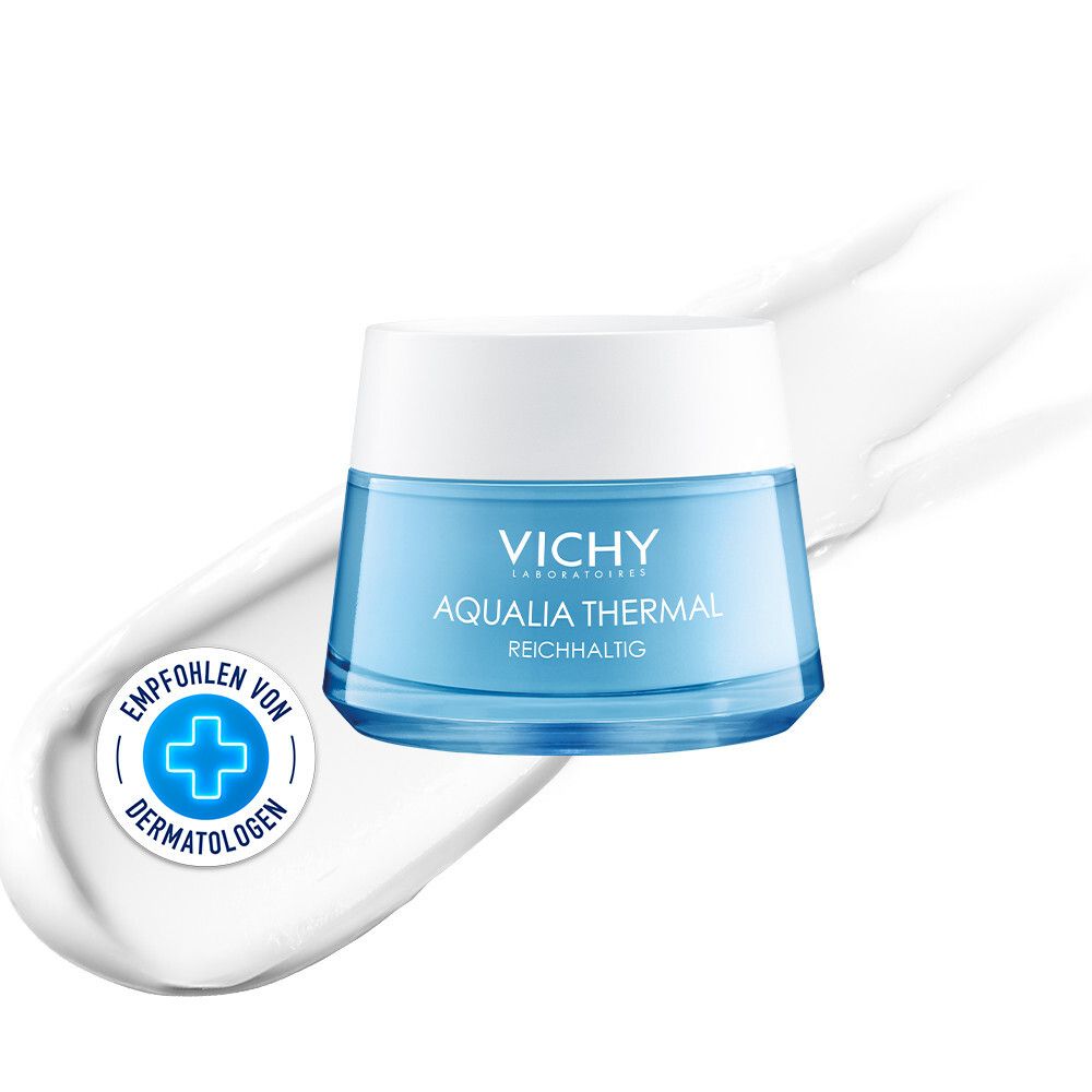 Blauw-witte pot met deksel. Opschrift: Vichy, AQUALIA THERMAL, Reichhaltig. Dermatologisch getest.