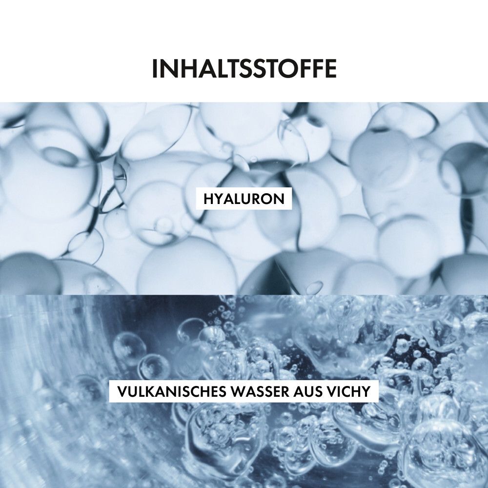 Close-up van waterbellen en tekst: Hyaluron, Vulkanisch water van Vichy.
