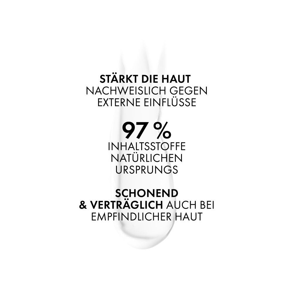 Witte achtergrond met tekst: Versterkt de huid, 97% ingrediënten van natuurlijke oorsprong, zacht.