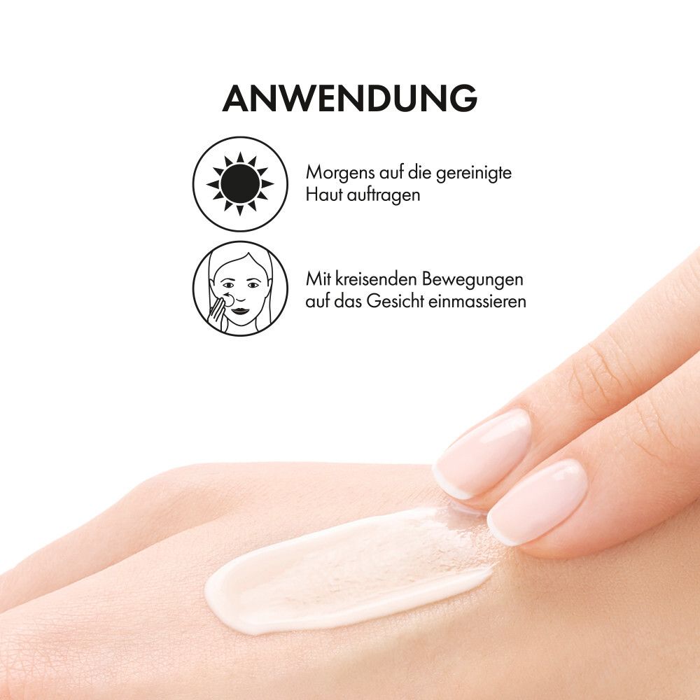 Hand met crème. Tekst: 's Ochtends aanbrengen, inmasseren met cirkelvormige bewegingen.