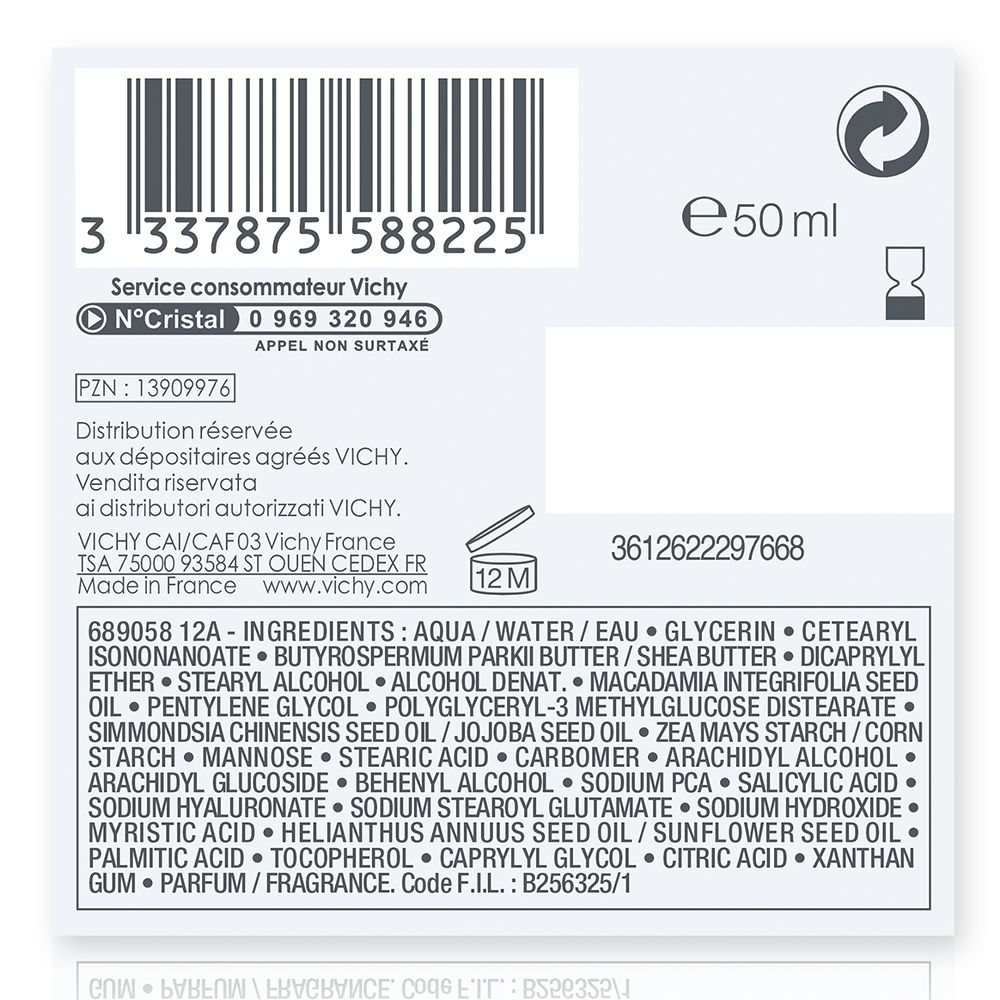 Achterkant van de crèmeverpakking. Tekst: Ingrediënten, fabrikantinfo, 50ml.