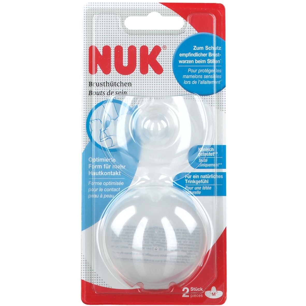 Tétines NUK en blister. Deux téterelles transparentes, taille M. Informations produit visibles.