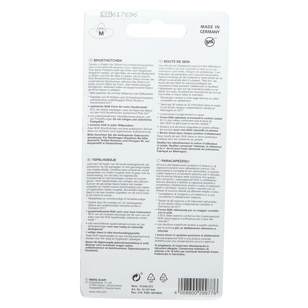 Dos de l'emballage blister avec informations produit. Texte en allemand, français, italien et néerlandais. Taille M.
