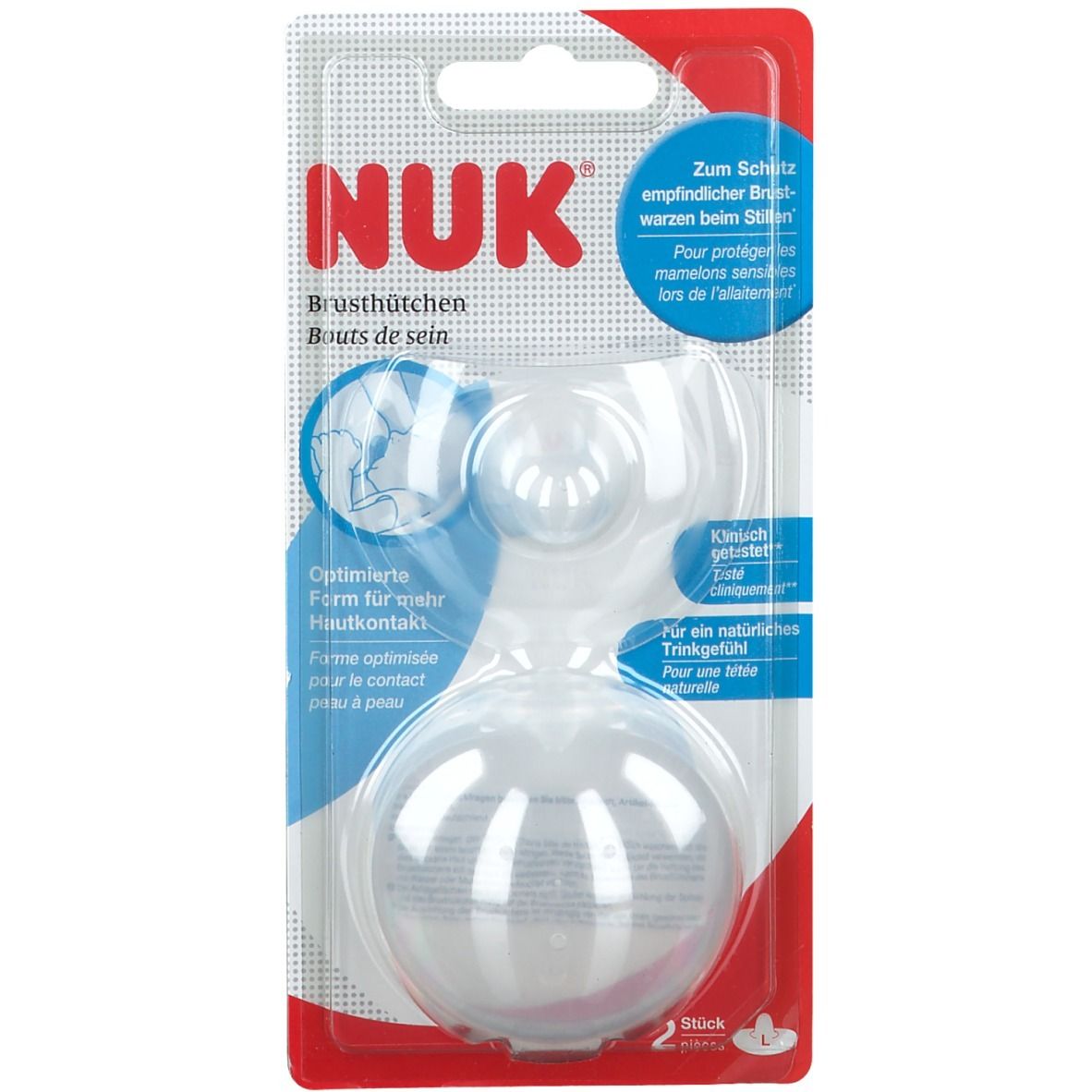 Téterelles transparentes dans un emballage blister. Logo NUK et nom du produit visibles. Texte : "Pour protéger les mamelons sensibles".