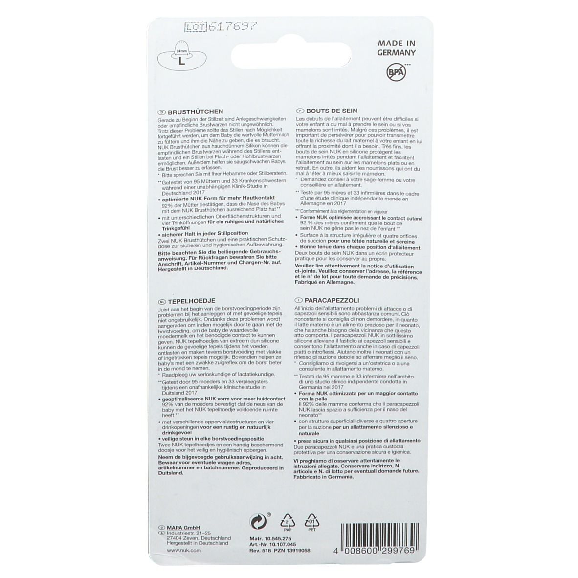 Dos de l'emballage blister avec informations sur le produit. Texte en allemand et en français. Taille L. Fabriqué en Allemagne.