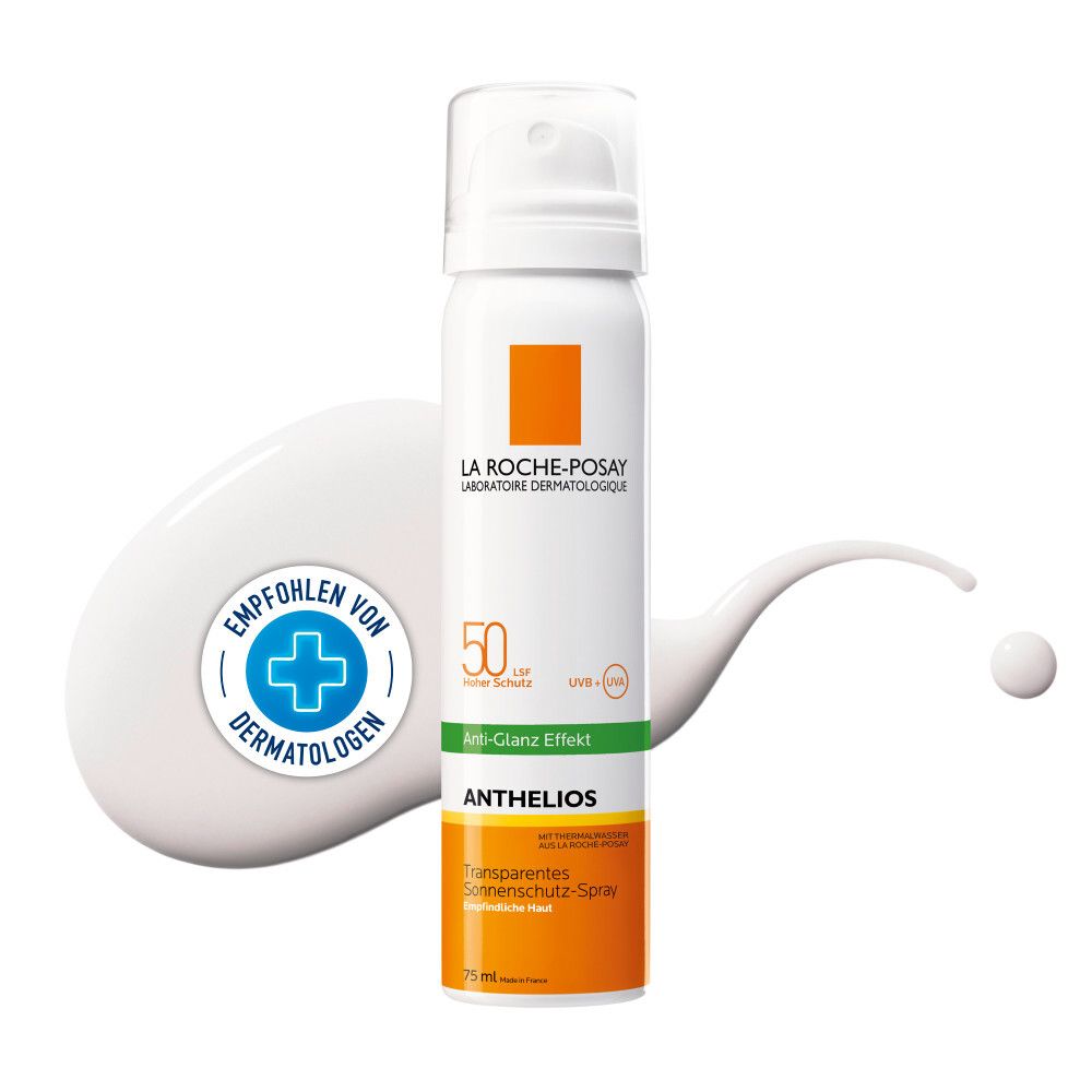 Spray blanc avec accent orange. Inscription : La Roche-Posay, Anthelios, SPF 50. Recommandé par les dermatologues. Produit sur fond blanc.