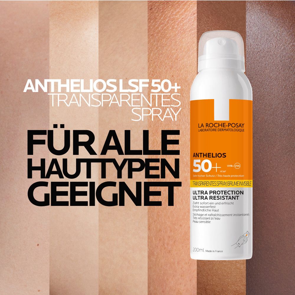 La Roche Posay Anthelios SPF 50+ Transparante Spray. Geschikt voor alle huidtypen.