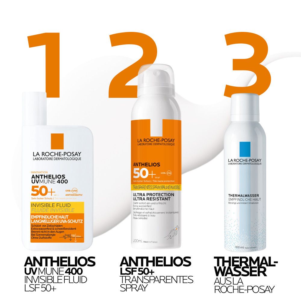 La Roche Posay zonnebescherming: Anthelios Invisible Fluid SPF 50+, Spray SPF 50+, Thermaal Water.