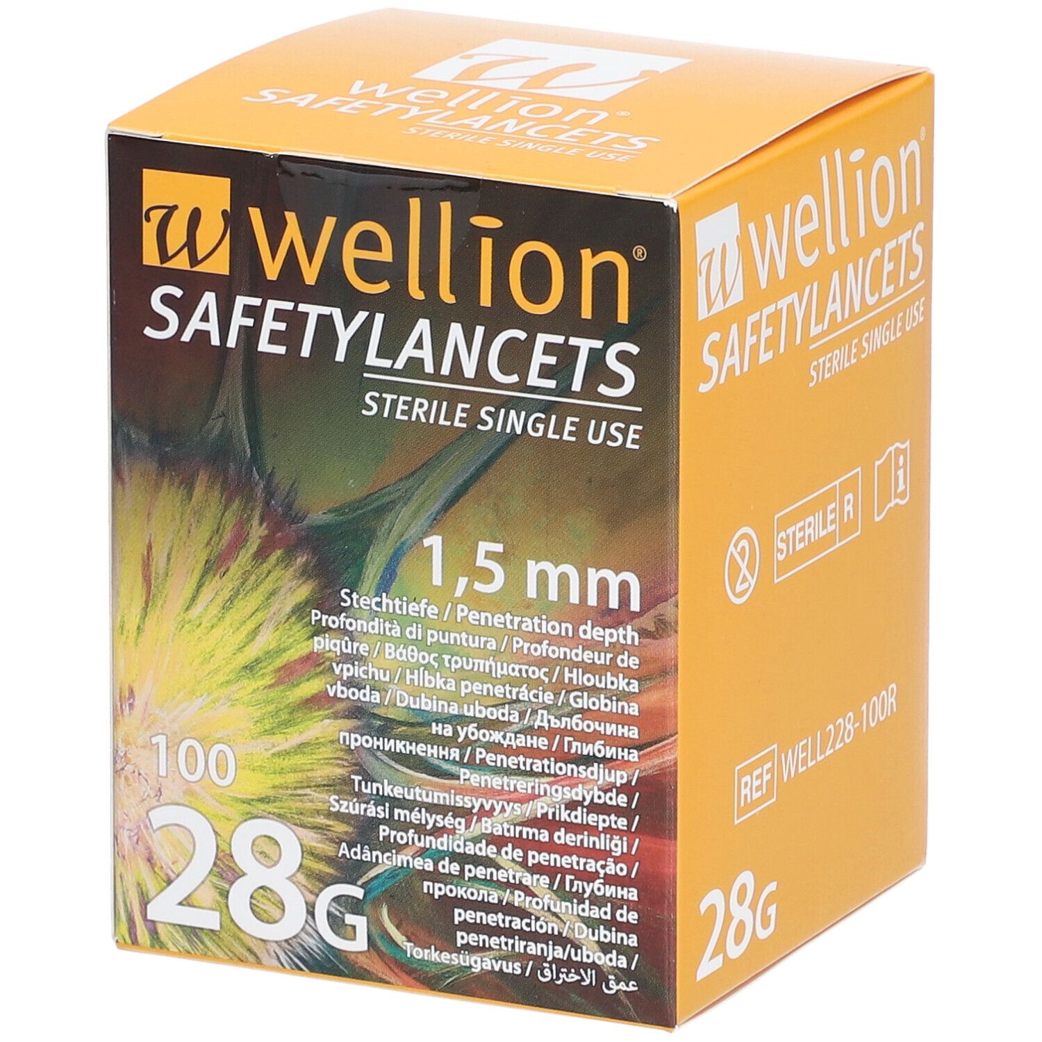 Verpakking Wellion Safetylancets. Oranje doos met productnaam, 1,5 mm penetratiediepte, 100 stuks, 28G. Steriel voor eenmalig gebruik.