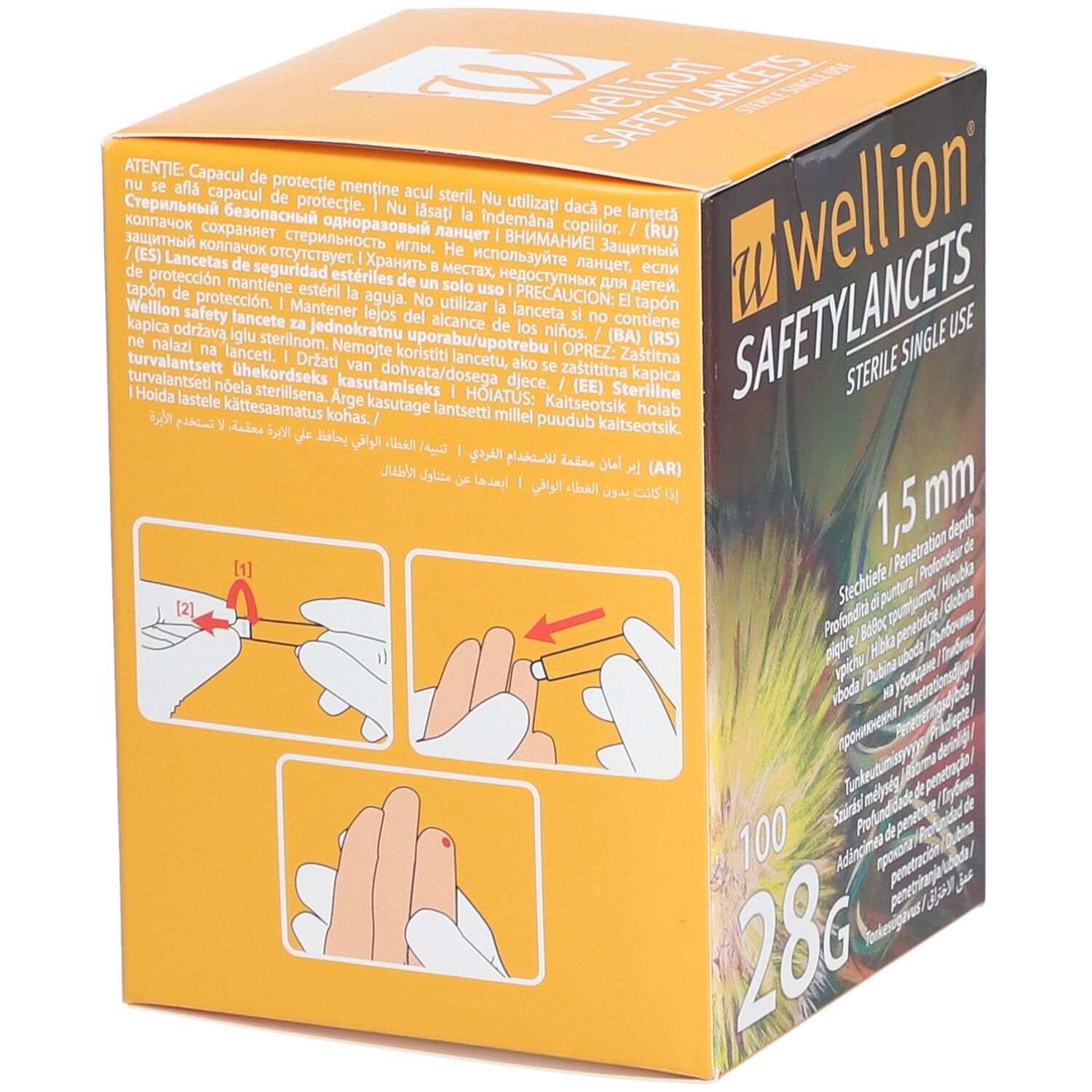 Verpakking Wellion Safetylancets. Oranje doos met productnaam, 1,5 mm, 100 stuks, 28G. Steriel voor eenmalig gebruik. Gebruiksaanwijzing.