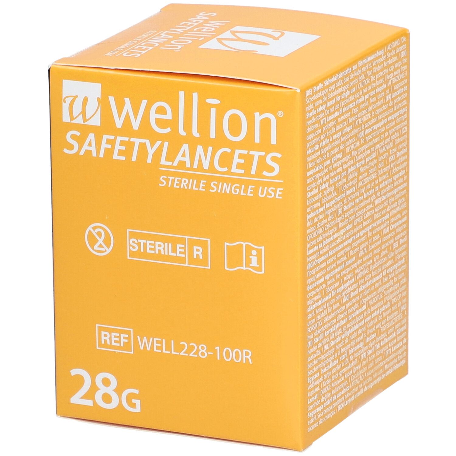 Verpakking Wellion Safetylancets. Oranje doos met productnaam, steriel symbool, referentie 28G. Steriel voor eenmalig gebruik.