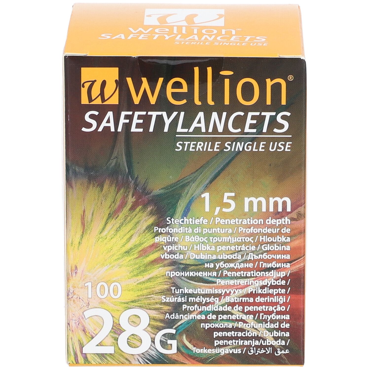 Verpakking Wellion Safetylancets. Oranje doos met productnaam, 1,5 mm penetratiediepte, 100 stuks, 28G. Steriel voor eenmalig gebruik.