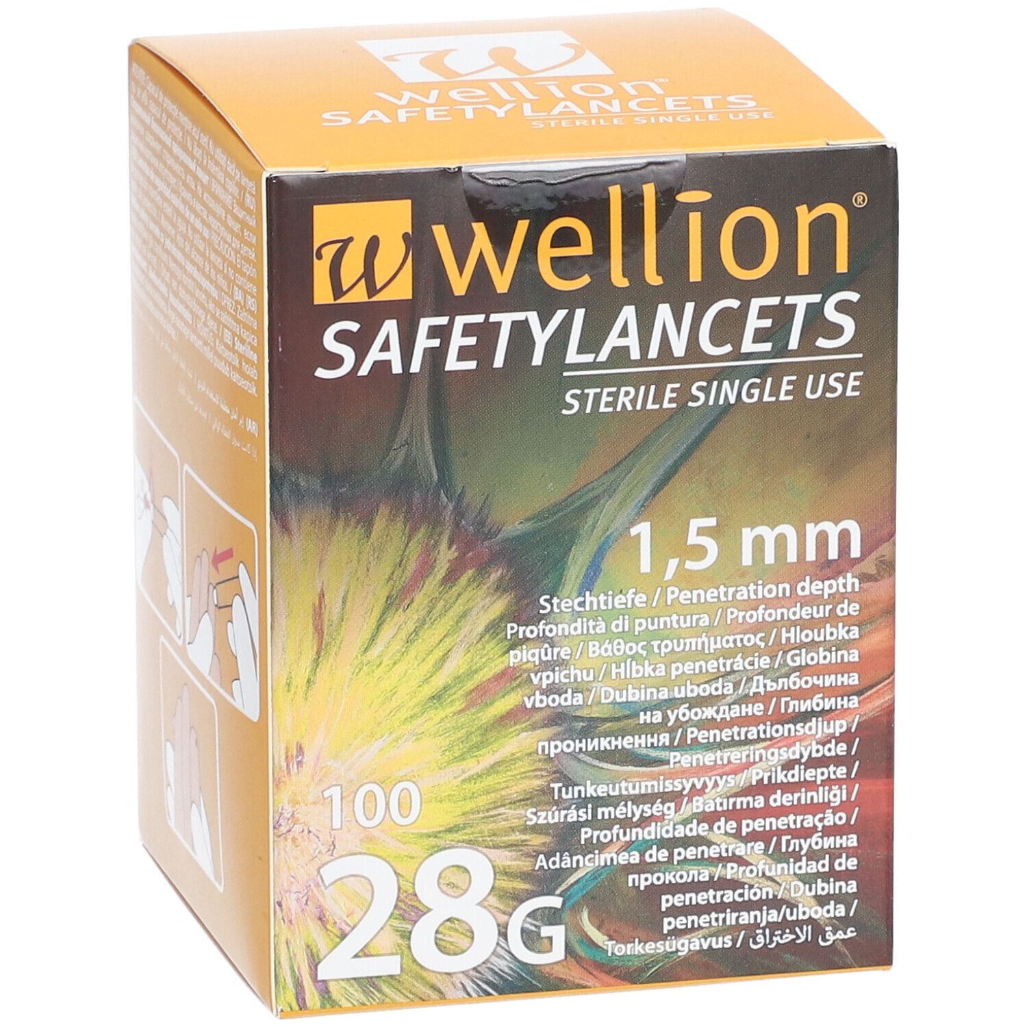 Verpakking Wellion Safetylancets. Oranje doos met productnaam, 1,5 mm penetratiediepte, 100 stuks, 28G. Steriel voor eenmalig gebruik.