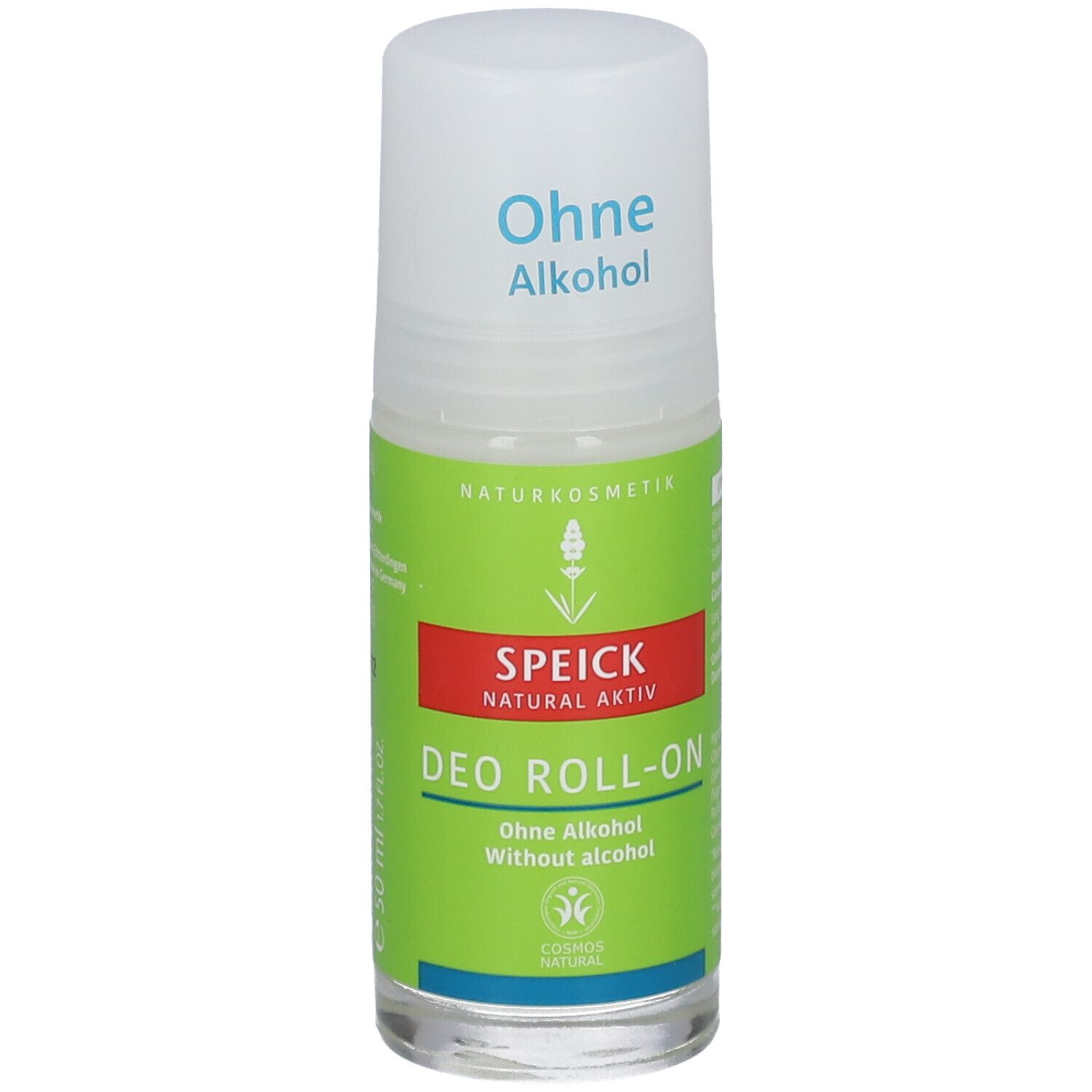 Speick Deo Roll-On. Zonder alcohol. Groene en rode etiketten. Witte dop.