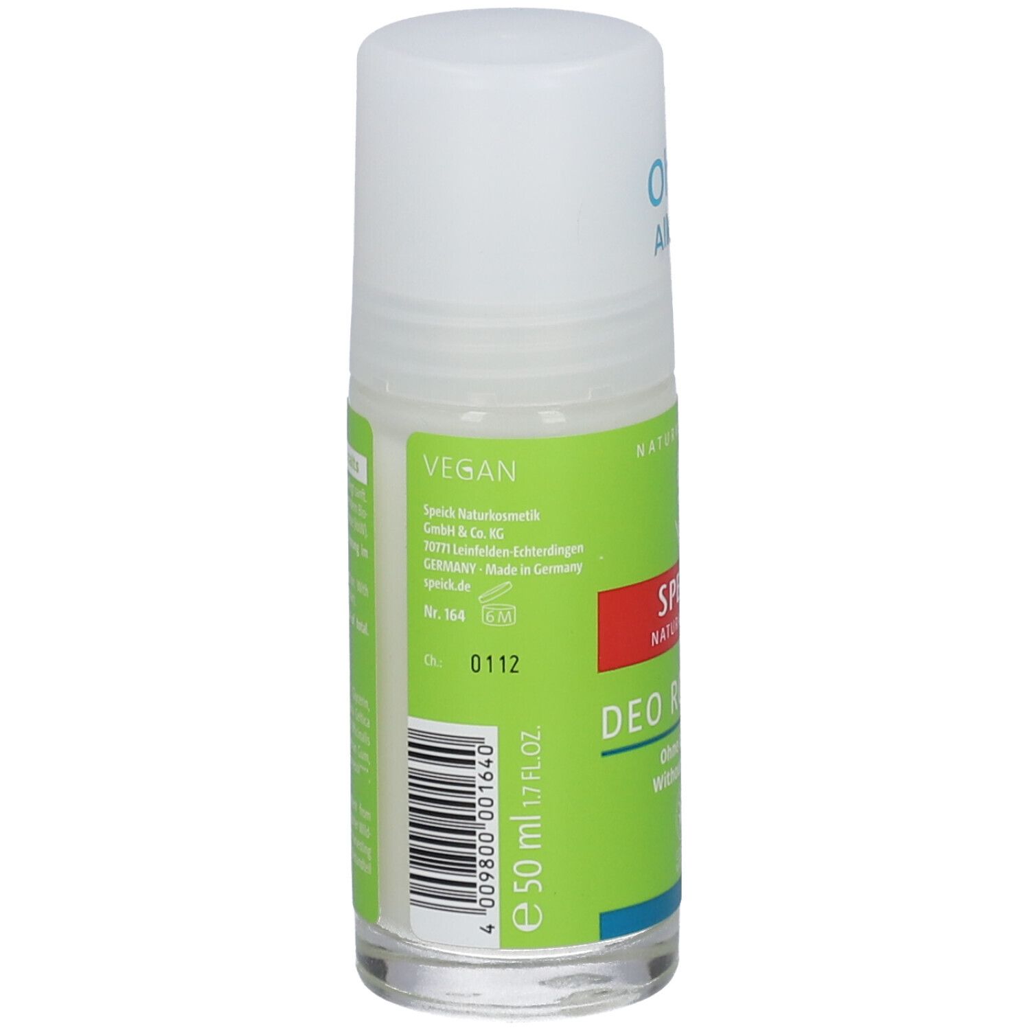 Speick Deo Roll-On. Vegan. Groene etiketten met productinfo. Witte dop.