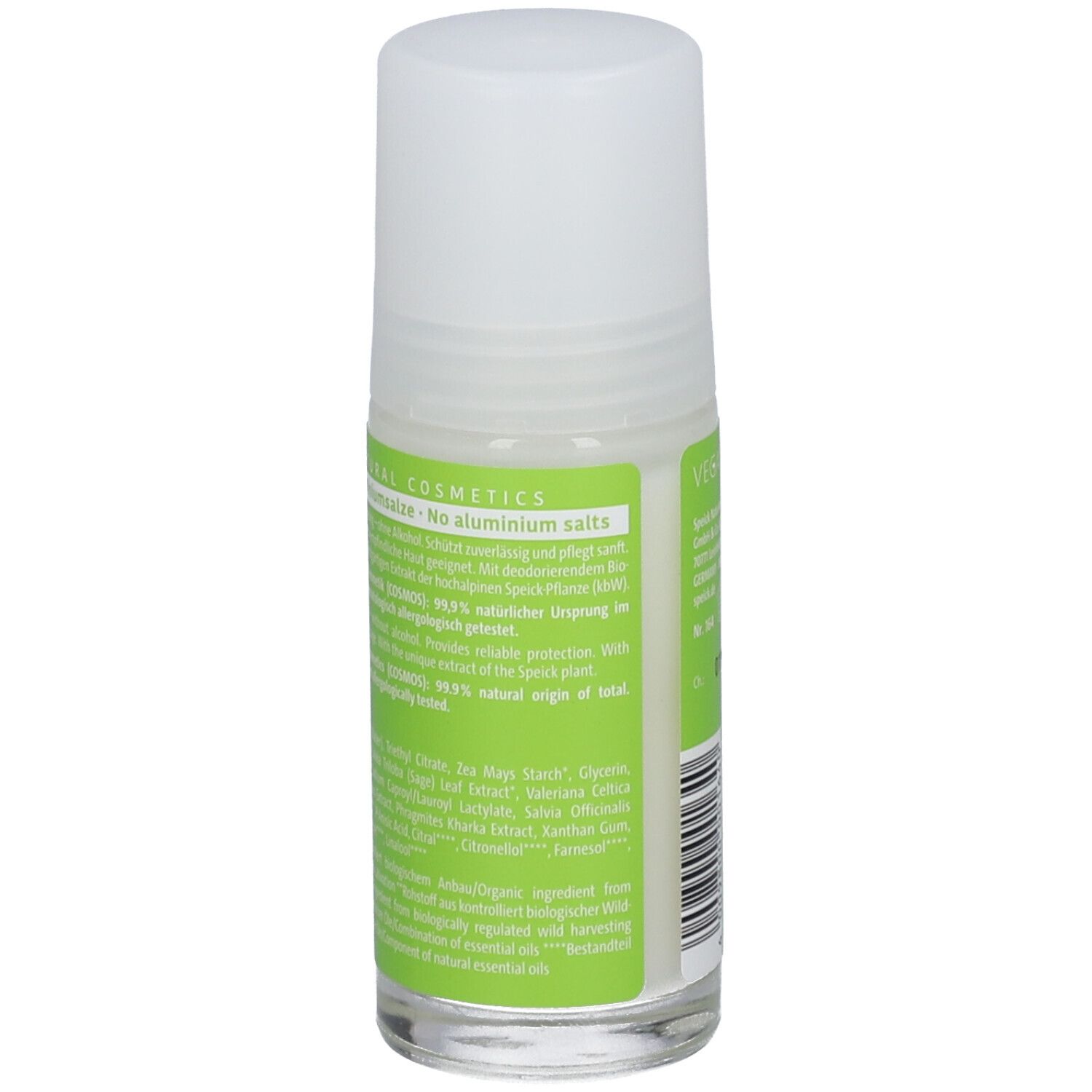 Speick Deo Roll-On. Groene etiketten met ingrediënten en certificeringen. Witte dop.